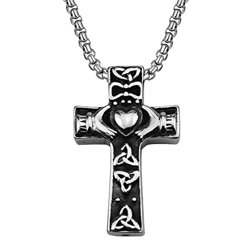 JewelryWe Schmuck Retro Halskette Herren Claddagh Herz Keltischer Knoten Kreuz Edelstahl Anhänger mit Kette Schwarz Silber von JewelryWe