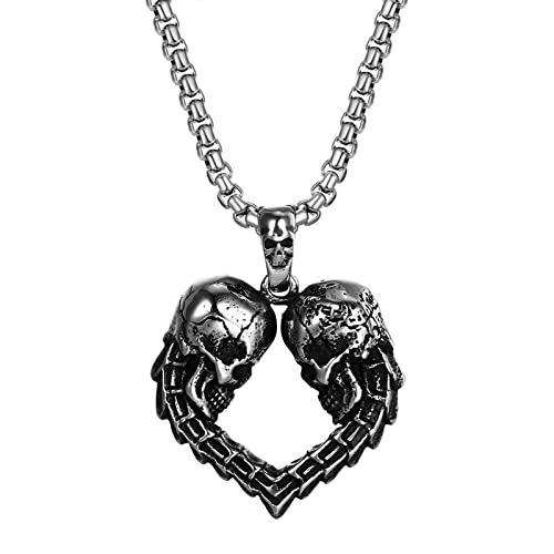 JewelryWe Schmuck Retro Halskette Herren Punk Doppelt Totenkopf Schädel Herz Edelstahl Anhänger mit Kette Geschenk für Männer Silber von JewelryWe