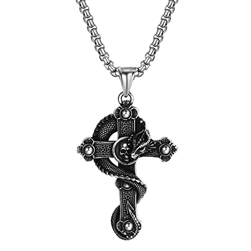 JewelryWe Schmuck Retro Halskette Herren Punk Drache Totenkopf Schädel Kreuz Edelstahl Anhänger mit Kette Geschenk für Männer Silber von JewelryWe