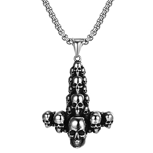 JewelryWe Schmuck Retro Halskette Herren Punk Totenkopf Schädel Kreuz Edelstahl Anhänger mit Kette Geschenk für Männer Silber von JewelryWe