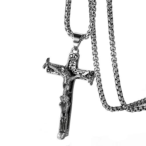 JewelryWe Jesus Kreuz Halskette Herren: Silber Edelstahl Gothic Schädel Skelett Knochen Kruzifix Kreuz Kette mit Jesus Christus Anhänger Retro Religiöse Schmuck Geschenk für Männer Jungen von JewelryWe