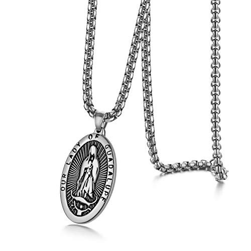 JewelryWe Schmuck Retro Herren Halskette Edelstahl Heilig Jungfrau Maria Kreuz Religiöse Oval Medaille Anhänger mit 22 Zoll Kette Silber von JewelryWe