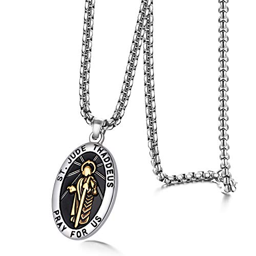 JewelryWe Heiliger Judas Halskette Herren: Gold/Silber Edelstahl Saint Judas Thaddäus Ovale Medaille Anhänger Kette Christliche Katholische Gebetsschmuck Religiöse Schmuck für Männer Frauen von JewelryWe