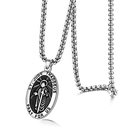 JewelryWe Schmuck Retro Herren Halskette Edelstahl Heilig Saint Jude Thaddeus Jesus Oval Medaille Anhänger mit 22 Zoll Kette Silber von JewelryWe