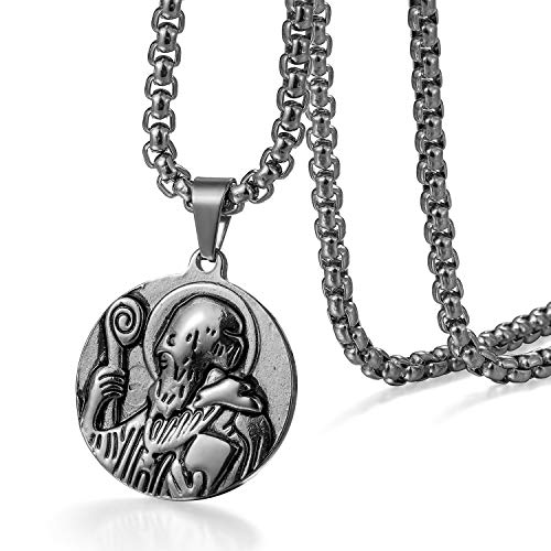 JewelryWe Schmuck Retro Herren Halskette Edelstahl Saint Benedikt Exorzismus Jesus Medaillon Tag Religiöse Anhänger mit 22 Zoll Kette mit Gravur Silber von JewelryWe