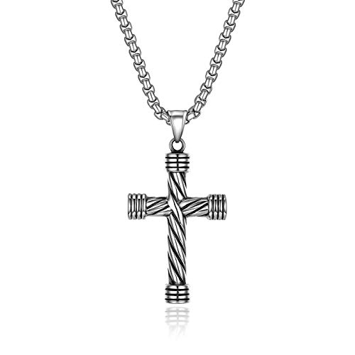 JewelryWe Schmuck Retro Herren Halskette Edelstahl Verdrehtes Kreuz Religiös Anhänger 22 Zoll Kette Silber von JewelryWe