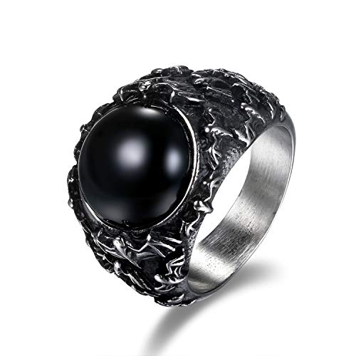 JewelryWe Schmuck Retro Herren-Ring, Gotik Fledermaus Bat Band Ring mit schwarzem Onyx, Silber - Größe 54 von JewelryWe