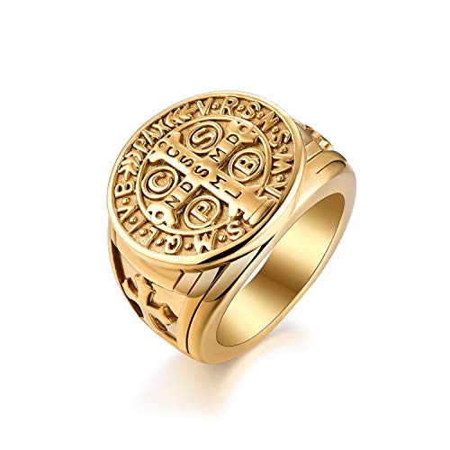 JewelryWe Schmuck Retro Herren-Ring Edelstahl Exorcism St Benedict Kreuz Ring Dämon Schutz Ghost Hunter CSBP katholischen Siegelring Bandring mit Gravur Gold Größe 65 von JewelryWe