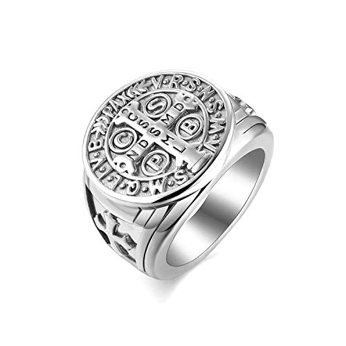 JewelryWe Schmuck Retro Herren-Ring Edelstahl Exorcism St Benedict Kreuz Ring Dämon Schutz Ghost Hunter CSBP katholischen Siegelring Bandring mit Gravur Silber Größe 59 von JewelryWe