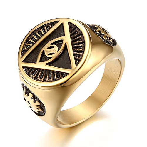 JewelryWe Schmuck Retro Herren-Ring Edelstahl Illuminati Auge der Vorsehung All-Seeing Eye The Eye of Providence Pyramide Ring Siegelring Band Bandring mit Gravur Gold Größe 67 von JewelryWe