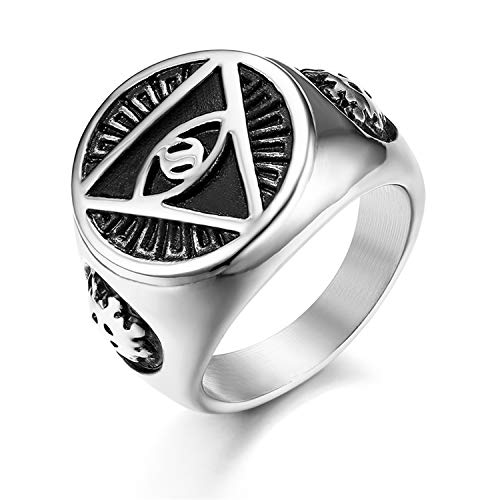 JewelryWe Schmuck Retro Herren-Ring Edelstahl Illuminati Auge der Vorsehung All-Seeing Eye The Eye of Providence Pyramide Ring Siegelring Band Bandring mit Gravur Silber Größe 59 von JewelryWe