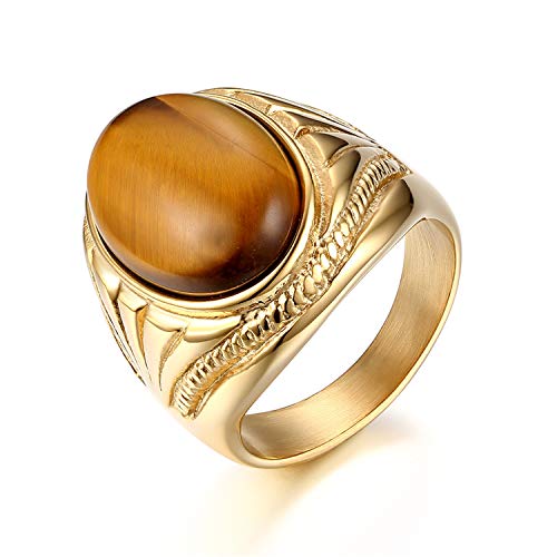 JewelryWe Herrenring Tigerauge Ring Herren: Vintage Gold Edelstahl Fingerring mit Braun Tigerauge Stein 22mm Breit Statement Siegelring Männer Klassisch Bandring Band Schmuck Geschenk Größe 67 von JewelryWe