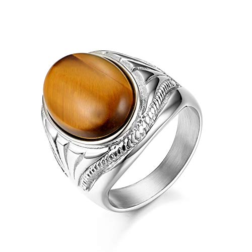 JewelryWe Herrenring Tigerauge Ring Herren: Vintage Silber Edelstahl Fingerring mit Braun Tigerauge Stein 22mm Breit Statement Siegelring Männer Klassisch Bandring Band Schmuck Geschenk Größe 57 von JewelryWe