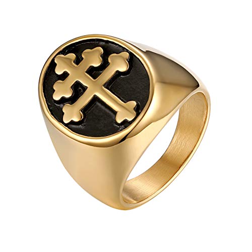 JewelryWe Schmuck Retro Herren-Ring Edelstahl Kreuz von Lothringen Patriarchalischen Siegelring Bandring Band mit Gravur Gold Größe 65 von JewelryWe