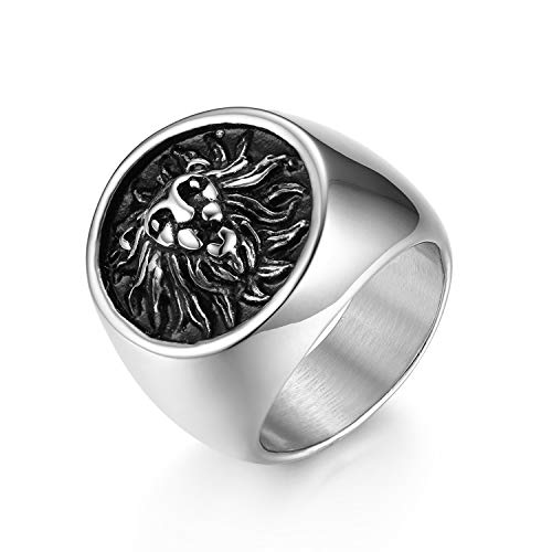 JewelryWe Ringe Herren Löwe Siegelringe: Retro Herren-Ring Edelstahl Löwe Löwenkopf Biker Ring Männer Siegelring Band Bandring mit Gravur Silber Größe 65 von JewelryWe