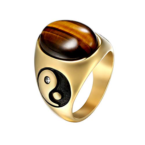 JewelryWe Schmuck Retro Herren-Ring Edelstahl Solitaire Tigerauge Yin Yang Punk Ringe Band Bandringe mit Gravur Größe 62 von JewelryWe