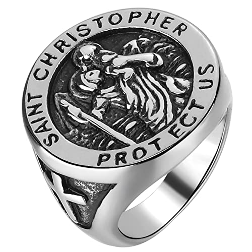 JewelryWe Schmuck Retro Herren-Ring Heiliger Christophorus Schutzpatron der Reisenden Saint Christopher Ring Edelstahl Siegelring Bandring Band mit Gravur Silber Größe 57 von JewelryWe