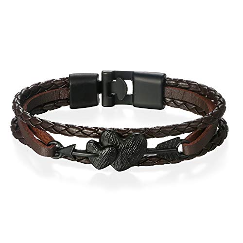 JewelryWe Schmuck Retro Lederarmband EIN Pfeil durchbohrte Herz geflochten Leder Armband Armreif Manschette für Herren Damen Braun Schwarz von JewelryWe