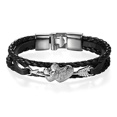 JewelryWe Schmuck Retro Lederarmband EIN Pfeil durchbohrte Herz geflochten Leder Armband Armreif Manschette für Herren Damen Schwarz Silber von JewelryWe