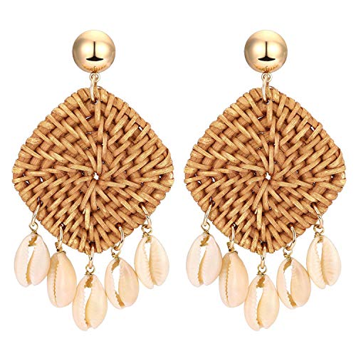 JewelryWe Schmuck Retro Ohrringe Boho-Stil handgemacht Rattan geflochten doppelt Quadrat Statement Ohrringe mit Muschel Schale Quaste für Frauen Dame Mädchen von JewelryWe