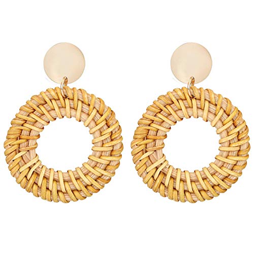JewelryWe Boho Rattan Ohrringe Damen: Retro Bohemian Weiden Handgemacht Geflochten Große Ring Kreis Statement Hängende Ohrringe Leichte Ohrhänger Ohrschmuck Geschenk für Frau Mädchen Kaffeebraun von JewelryWe
