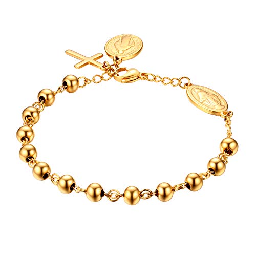 JewelryWe Schmuck Rosenkranz Armband Edelstahl Jungfrau Maria Katholischen Heiligen Gottes Mutter Kreuz Anhänger Perle Kugelkette Armreif Armkette für Herren Damen Gold von JewelryWe