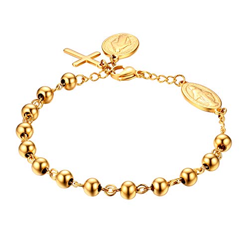 JewelryWe Rosenkranz Kreuz Armband Perlenarmband: Gold Edelstahl Jungfrau Maria Katholischen Heiligen Gottes Mutter Kreuz Anhänger Perlen Kugelkette Armreif Armkette Religiöse Schmuck Damen Herren von JewelryWe