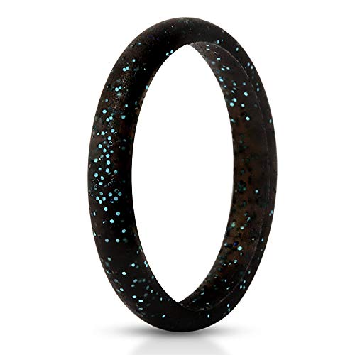 JewelryWe Schmuck Silikon Ehering für Frauen, 2.7mm schmale Gummi Hochzeit Bands Gummibänder Ring Schwarz mit Glitzer für Sport und Outdoor, Größe 49 von JewelryWe