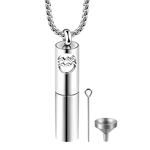 JewelryWe Sternzeichen Urne Halskette für Asche: Silber Edelstahl Wassermann Kette mit Sternbild Horoskop Tierkreis Zylinder Anhänger Memorial Gedenk Schmuck für Haare Parfüm Geschenk Herren Damen von JewelryWe