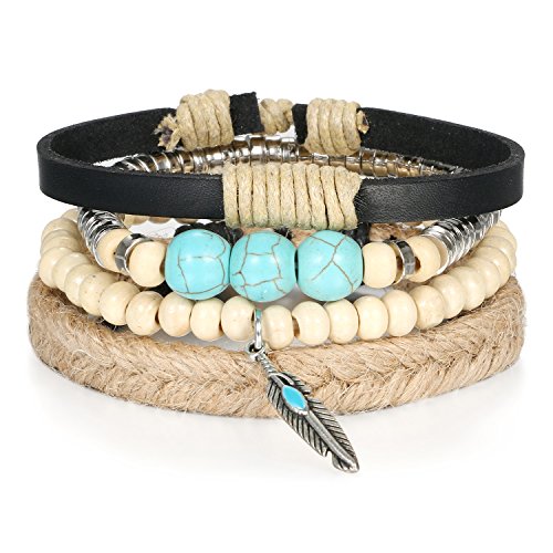 JewelryWe Schmuck TIBET WICKELARMBAND SERIE Leder Armband Armreif Surferarmband für Herren Damen Unisex, Blatt Feder Anhänger mit Imitation Türkis Holz Perlen von JewelryWe