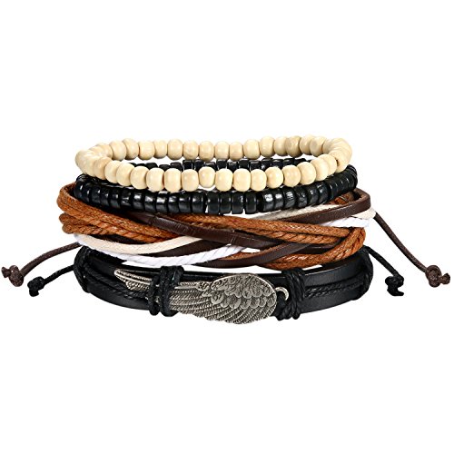 JewelryWe Schmuck Tibet WICKELARMBAND Serie Leder Armband Armreif Surferarmband für Herren Damen Unisex, Retro Engel Flügel Anhänger mit Holz Perlen von JewelryWe