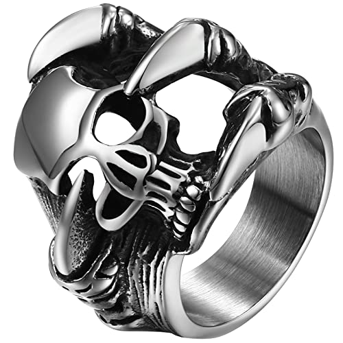 JewelryWe Schmuck Totenkopf Ring Herren Gothic Punk Schädel Klauen Krallen Bandring Edelstahl Biker Band mit Gravur, Silber Größe 57 von JewelryWe