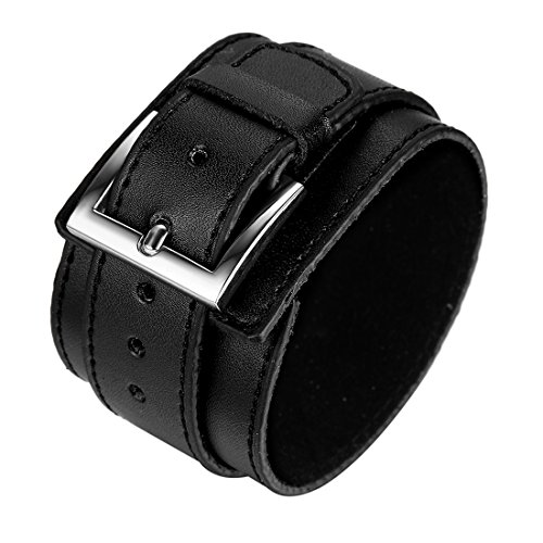 JewelryWe Schmuck Unisex Armband, Breit Leder Armreif, Kunstleder, Druckknopf, für Herren Damen, Schwarz, mit Geschenk Tüte von JewelryWe