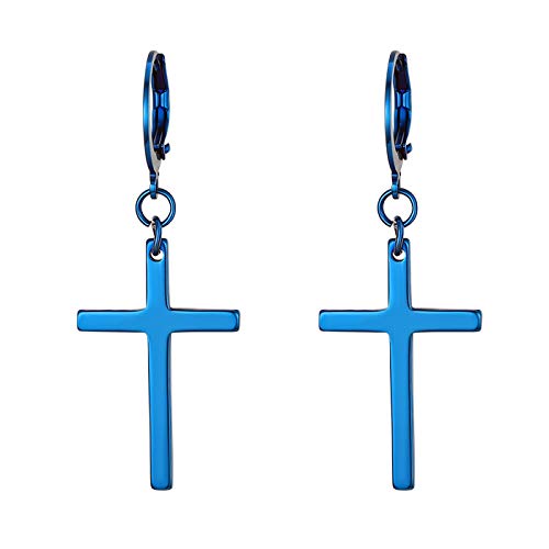 JewelryWe Creolen Ohrringe mit Kreuz Anhänger: Blau Edelstahl Klassisch Creolen Huggie Ohrringe mit Baumelnde Kreuz Ohrstecker Ohrhänger Ohr-Piercing für Herren Damen Unisex von JewelryWe