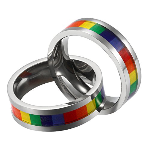 JewelryWe LGBT Kette Gay Pride Schmuck: Regenbogen Halskette Herren Damen Edelstahl Homosexuell Gay Lesbian Stolz LBGT doppelte Ringe Anhänger mit 60cm Kugel Kette von JewelryWe