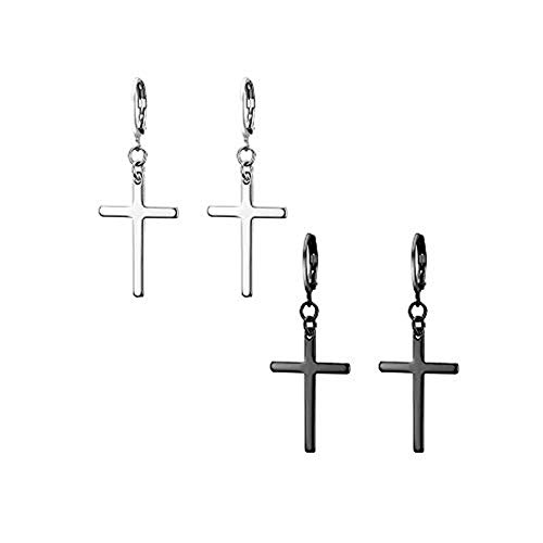 JewelryWe Schmuck 2 Paar Unisex Creolen, Edelstahl Klassisches Kreuz Ohrringe Ohrstecker Ohrhänger Ohr-Piercing für Herren Damen, Schwarz Silber von JewelryWe