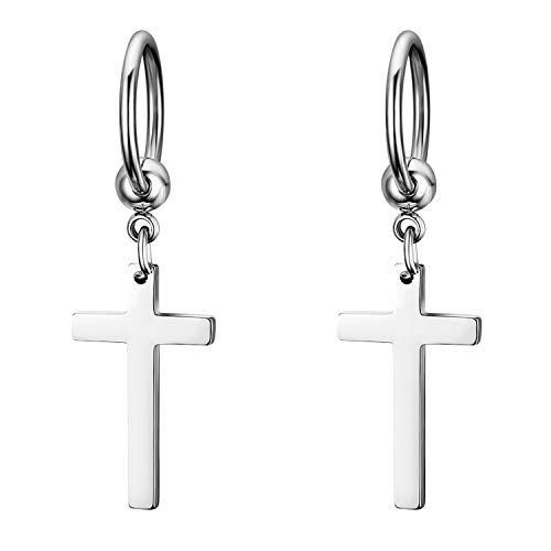 JewelryWe Schmuck Herren Ohrringe Kreuz, Edelstahl Poliert Kruzifix Ohrstecker Creolen Ohrhänger Geschenke für Männer Damen, Silber von JewelryWe