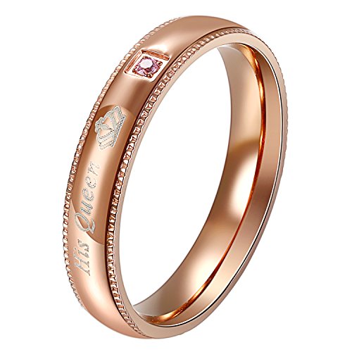 JewelryWe Schmuck Unisex Ringe Edelstahl Ring mit His Queen Zirkonia Freundschaftsringe Eheringe Trauringe Verlobungsringe für Damen Rose Gold, kostenlose Gravur, Größe 52 von JewelryWe