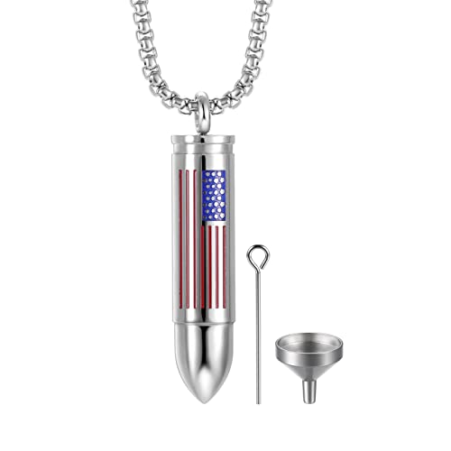 JewelryWe Schmuck Urne Halskette Edelstahl US Amerikanische Flagge Memorial Asche Urnen Patronenhülse Gewehrkugel Kugel Anhänger mit 60cm Kette Herren Damen Gedenk Geschenk von JewelryWe