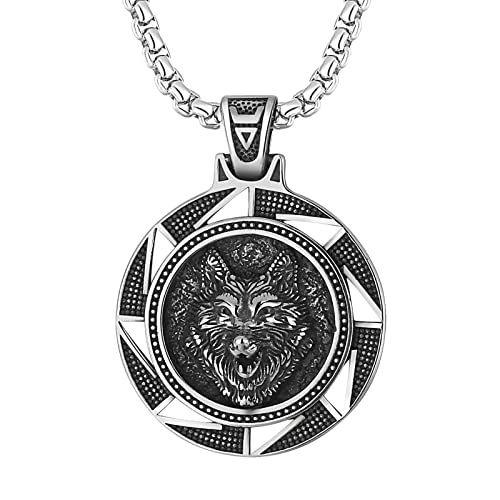JewelryWe Schmuck Wikinger Halskette Herren Retro Wolf Wolfskopf Zahnrad Medaillon Anhänger mit 22 Zoll Kette Weizenkette Silber von JewelryWe