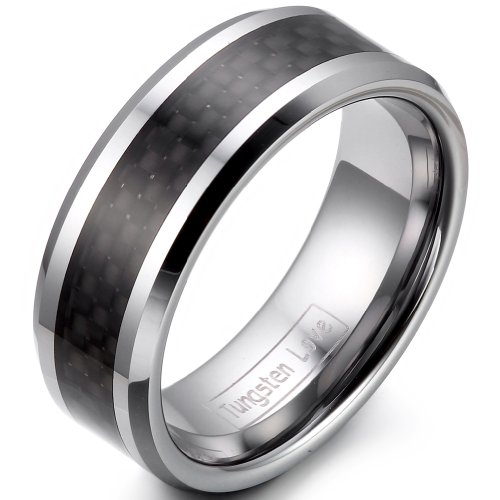 JewelryWe Schmuck Wolframcarbid Herren-Ring, Schwarz Kohlefaser Inlay, 8mm Band Ring Eheringe Verlobungsringe Silber Größe 52 bis 74 von JewelryWe