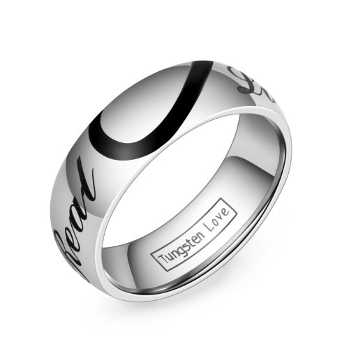 JewelryWe Schmuck Wolframcarbid Herren-Ring, Schwarz Semi Herz & Real Love Gravur, Verlobungsringe Hochzeitsband, Silber 8mm Breite Größe 54 bis 71 von JewelryWe