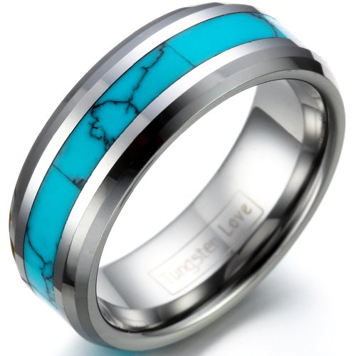 JewelryWe Schmuck Wolframcarbid Herren-Ring Synthetische Türkis Inlay 8mm Bandring Eheringe Verlobungsringe Größe 67 von JewelryWe