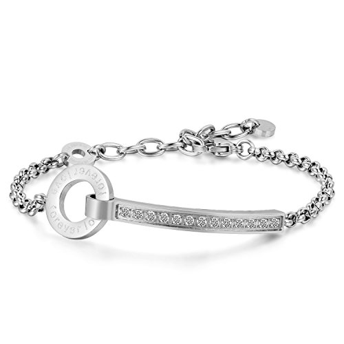 JewelryWe Schmuck Forever Love Schrift mit Lasergravur Damen Armband mit Zirkonia Edelstahl Armkette Verstellbar Charm Armkettchen Armreif, Silber von JewelryWe