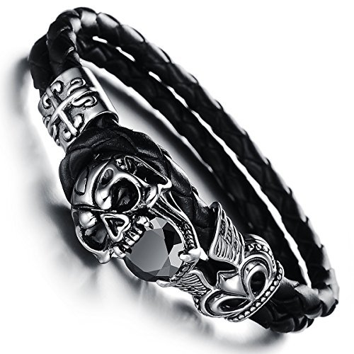 JewelryWe Schmuck geflochten Leder Armband, Gotik Schädel Totenkopf Krone 2 Lederkette Lederarmband Damen Herren Armreif, Schwarz Silber 18cm, mit Geschenk Tüte von JewelryWe