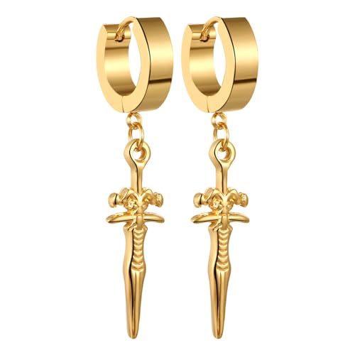 JewelryWe Schwert Creolen Ohrringe Herren: Gold Edelstahl Creolen Huggie Hoop Ohrringe mit Dämon Ziegenkopf Dolch Anhänger Satan Punk Hängend Ohrringe Ohrstecker Halloween Geschenk für Männer Frauen von JewelryWe