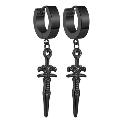 JewelryWe Schwert Creolen Ohrringe Herren: Schwarz Edelstahl Creolen Huggie Ohrringe mit Dämon Ziegenkopf Dolch Anhänger Satan Punk Hängend Ohrringe Ohrstecker Halloween Geschenk für Männer Frauen von JewelryWe