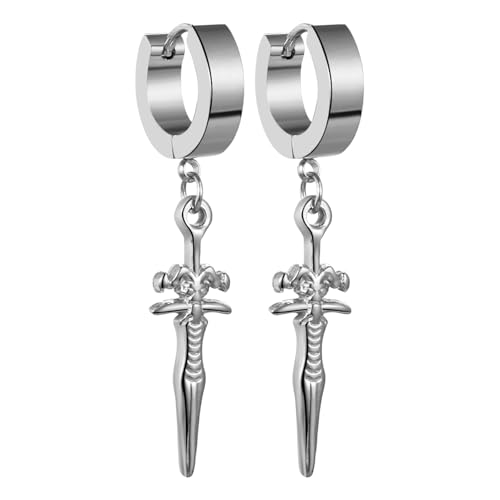 JewelryWe Schwert Creolen Ohrringe Herren: Silber Edelstahl Creolen Huggie Hoop Ohrringe mit Dämon Ziegenkopf Dolch Anhänger Satan Punk Hängend Ohrringe Ohrstecker Halloween Geschenk für Männer Frauen von JewelryWe