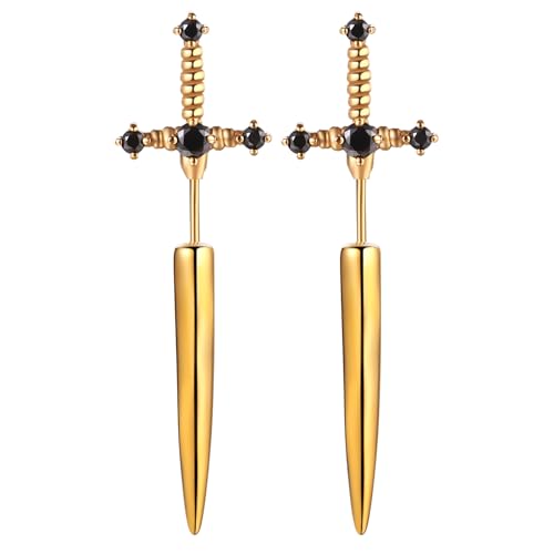 JewelryWe Schwert Ohrringe Herren Ohrstecker: Gold Edelstahl Gothic Punk Langes Schwert Ohrstecker Kreuz Dolch Schraube Ohrring Helix Tragus Ohr Piercings für Männer Junge von JewelryWe