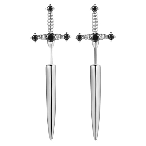 JewelryWe Schwert Ohrringe Herren Ohrstecker: Silber Edelstahl Gothic Punk Langes Schwert Ohrstecker Kreuz Dolch Schraube Ohrring Helix Tragus Ohr Piercings für Männer Junge von JewelryWe
